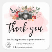Sticker Carré photographe de caméra à aquarelle florale Merci (Devant)