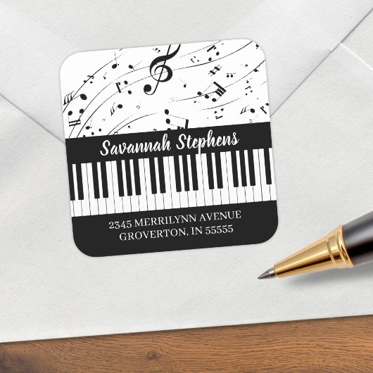Sticker Carré Piano Keyboard Music Notes Adresse de retour perso