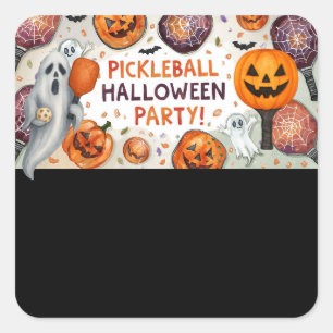 Sticker Carré Pickleball Halloween Party avec paddle et balle