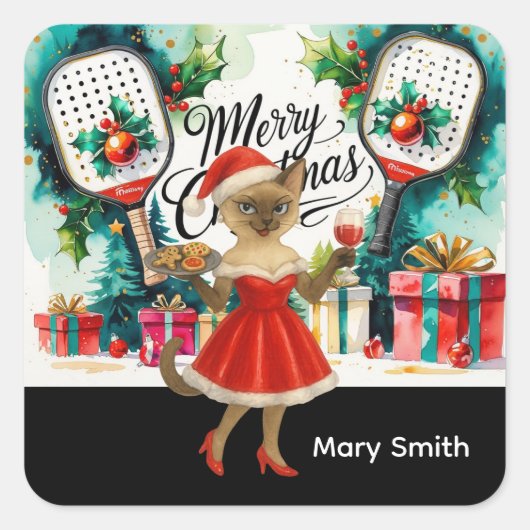 Sticker Carré Pickleball Noël thème pour amateurs de chats (Devant)