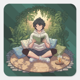 Sticker Carré Pièce d'art de lecture de jardin cosy