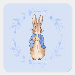 Sticker Carré Pierre le lapin avec la feuille bleue