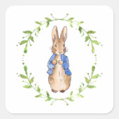 Sticker Carré Pierre le lapin avec la feuille verte Wreath (Devant)