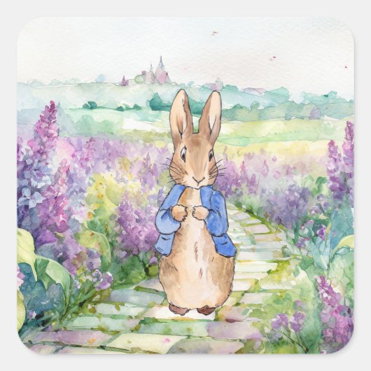 Sticker Carré Pierre le lapin avec lilas aquarelle (Devant)