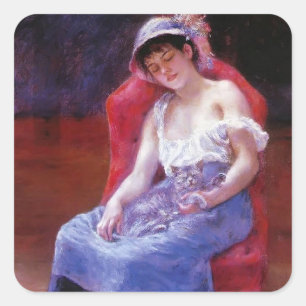 Sticker Carré Pierre Renoir - Dormir (Fille avec chat)