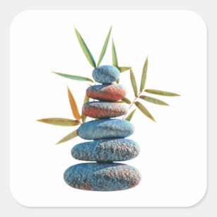Sticker Carré Pierres zen empilées en équilibre avec feuilles en