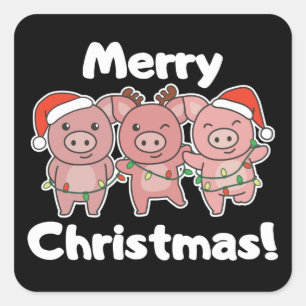 Sticker Carré Pig Christmas Cute Pigs Merry Christmas