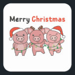 Sticker Carré Pig Christmas Cute Pigs Merry Christmas<br><div class="desc">Merry Christmas. Les pigs are decorated with fairy lights for christmas. Veuh fairy lights and Santa's hats they are perfect pour Christmas. Every pig lover is happy about the cute animals.</div>