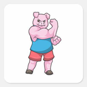 Sticker Carré Pig comme Bodybuilder avec grand bras Supérieur