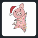Sticker Carré Pig Merry Christmas Animals Pigs<br><div class="desc">The pig for Christmas with fairy lights. Funny animals with gifts and snow for the holidays. Also funny for Christmas in July. Pigs are cute animals and perfect for Christmas.</div>