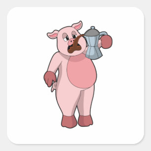 Sticker Carré Pig with coffee pot