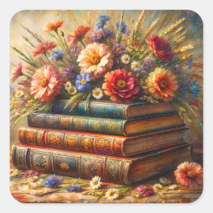 Sticker Carré Pile de livres anciens - Art floral