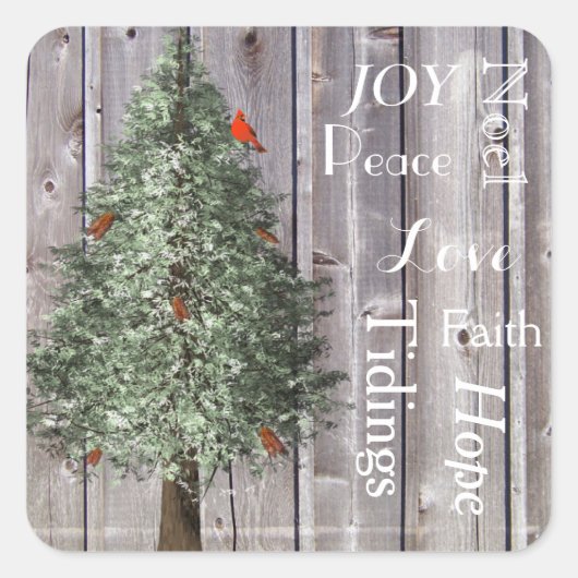 Sticker Carré Pin Tree Avec Cardinal Rustique Noël (Devant)
