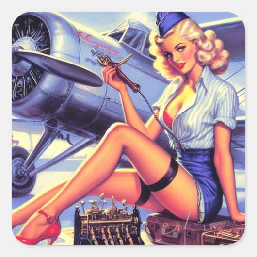 Sticker Carré Pin-up de l'avion vintage (Devant)