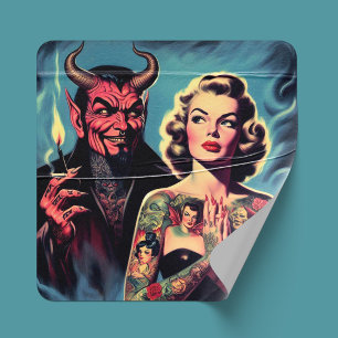 Sticker Carré Pin-up tatoué rétro diabolique