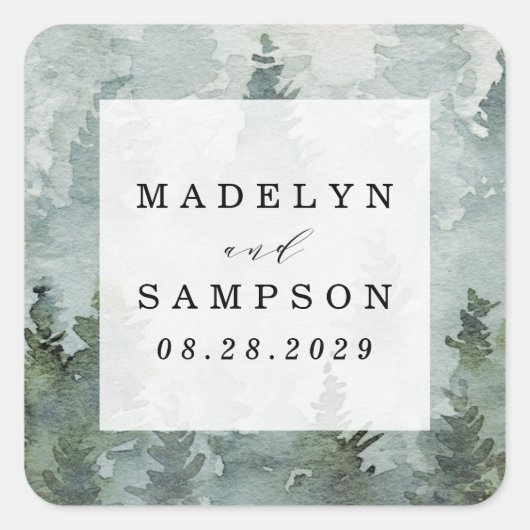 Sticker Carré Pine Tree Forest Rustique Aquarelle Mariage Faveur (Devant)