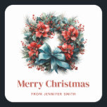 Sticker Carré Pine Wreath avec Holly Christmas<br><div class="desc">Stickers avec une jolie couronne de Noël. Une image festive avec une couronne de pin décorée de fleurs rouges,  sainte et un joli arc bleu. Délicieux.</div>