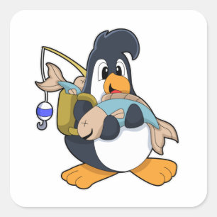 Sticker Carré Pingouin comme pêcheur avec poisson