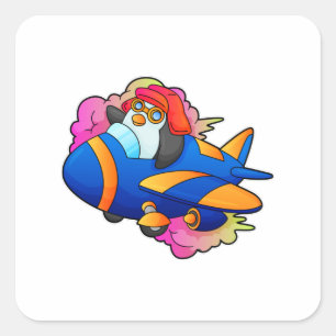 Sticker Carré Pingouin comme pilote avec avion