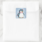 Sticker Carré Pingouin de Noël à l'aquarelle mignonne avec Échar (Sac)