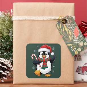 Sticker Carré Pingouin de Noël avec Bonnet et Canne à Sucre