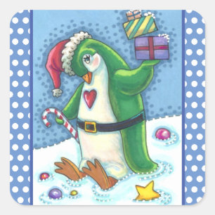 STICKER CARRÉ PINGOUIN DE NOËL FRAÎCHE EN VERT, VACANCES