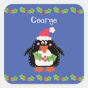 Sticker Carré Pingouin de Noël mignon personnalisé