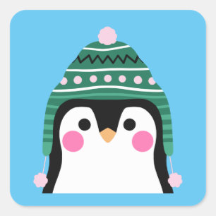 Sticker Carré Pingouin en Tuque d'hiver