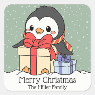Sticker Carré Pingouin mignon avec cadeaux de Noël dans la chute