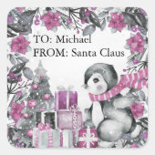 Sticker Carré Pingouin mignon de Père Noël Enfants Noël (Devant)