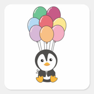 Sticker Carré Pingouin S'Envole Avec Des Ballons Colorés