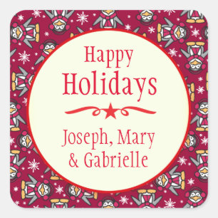 Sticker Carré Pingouins de Noël nom rouge de fête cadeau autocol