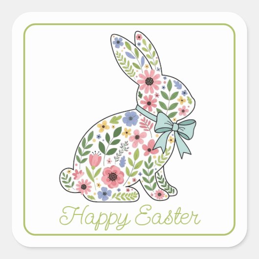Sticker Carré Pink and Blue Wildflower Easter Rabbit (Devant)