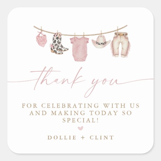 Sticker Carré Pink Baby Clothesline Little Cowgirl Baby Shower (Devant)