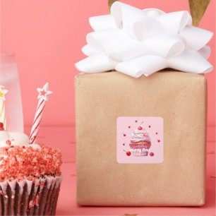 Sticker Carré Pink Baby First Cherry & Cupcake Anniversaire