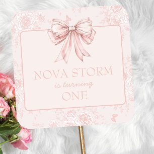 Sticker Carré Pink Bow fête d'anniversaire Whimsy Toile personna