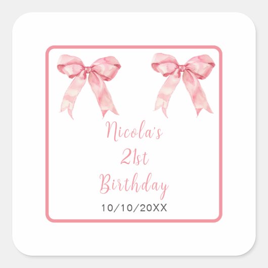 Sticker Carré Pink Coquette Bow Birthday Party (Devant)