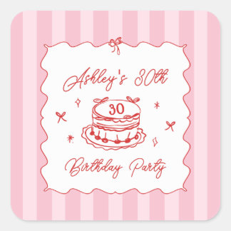 Sticker Carré Pink Coquette Striped Vintage Hand Drawn Birthday