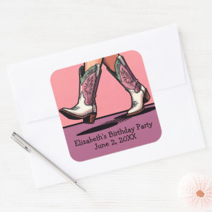 Sticker Carré Pink Cowgirl Boots Western Girl fête d'anniversair