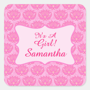 Sticker Carré Pink Damask Baby Girl Nom Naissance personnalisée