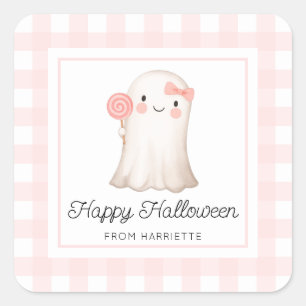 Sticker Carré Pink En vichy Halloween joyeux mignon Ghost Faver