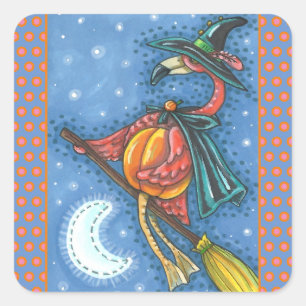 STICKER CARRÉ PINK FLAMANT ROSE WITCH, VOL AU-DESSUS DE LA LUNE