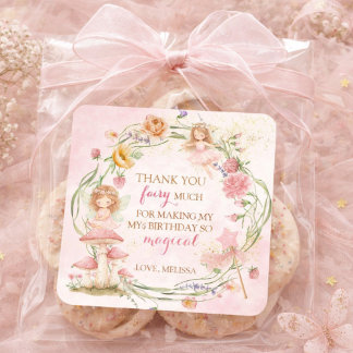 Sticker Carré Pink Floral Magical Fairy Garden Girl Birthday   