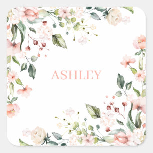 Sticker Carré Pink Floral Monogram Aquarelle Nom personnalisé