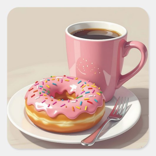Sticker Carré Pink Frosted Donut and Coffee (Devant)