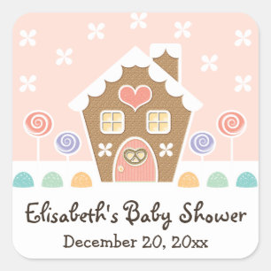STICKER CARRÉ PINK GINGERBREAD MAISON BABY SHOWER FÊTE FAVEUR