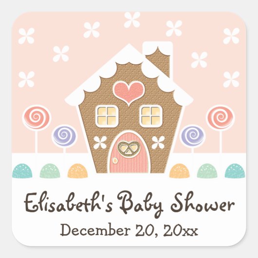 STICKER CARRÉ PINK GINGERBREAD MAISON BABY SHOWER FÊTE FAVEUR (Devant)