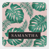 Sticker Carré Pink & Green Palm Feuille Motif & nom (Devant)