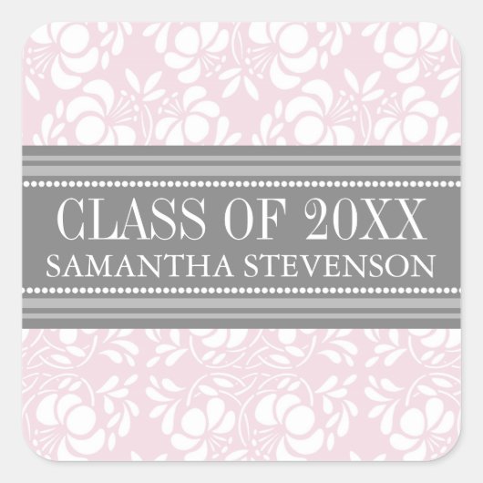 Sticker Carré Pink Grey Damask Graduation personnalisée Nom de l (Devant)