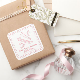 Sticker Carré Pink Hand-Drawn Ski You Soon Girl Baby Shower